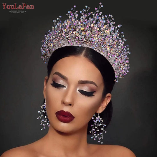 YouLaPan HP193-AB Colorful Rhinestone Crown Wedding Hair Accessories Bridal Crown Set  Women's Party Beauty Pageant Tiara