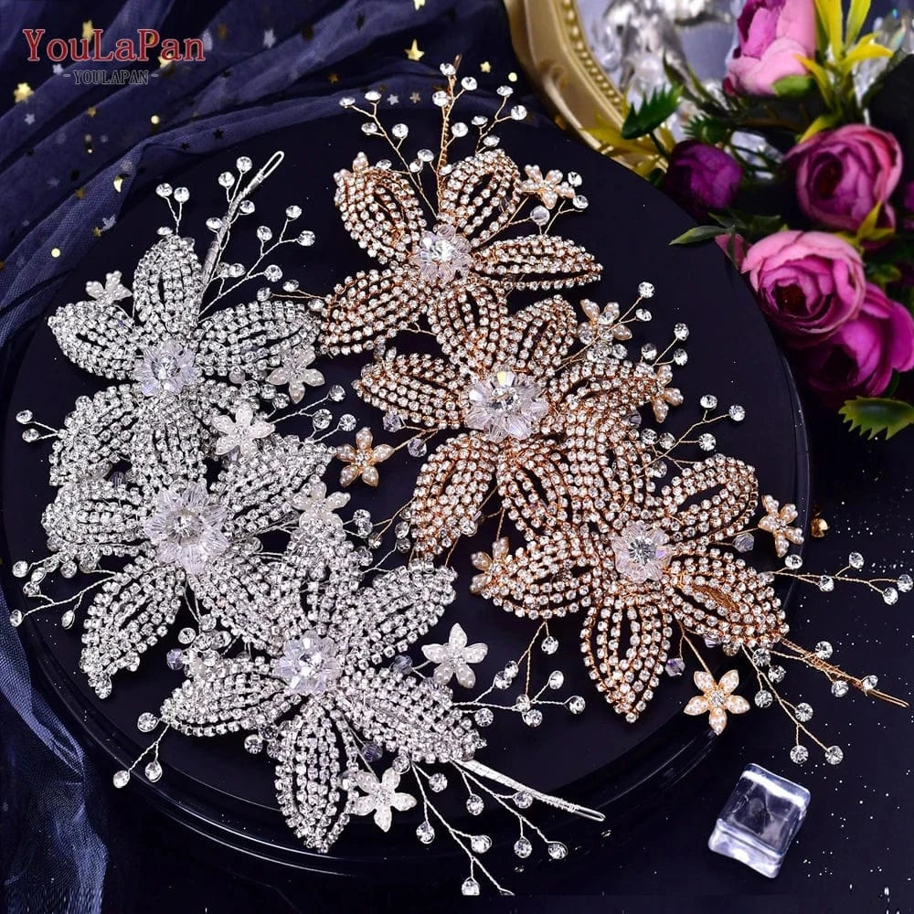 YouLaPan HP252 Beautiful Bridal Hair Accessories Gold Silver Rhinestone 3 Flowers Hair Pieces Women Wedding Jewelry Headbands