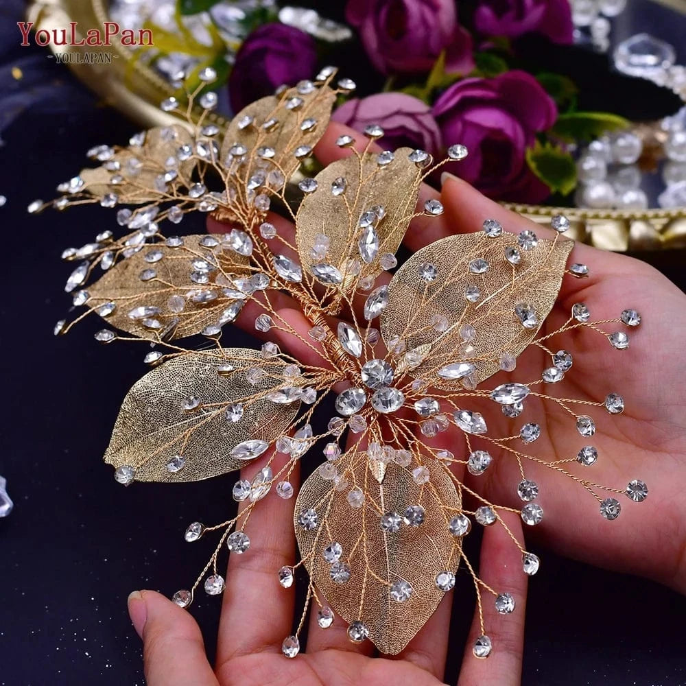 YouLaPan HP285 Elegant Rhinestone Women's Hair Accessories Faux Leaves Wedding Hair Piece Gold and Silver Bridal Headband