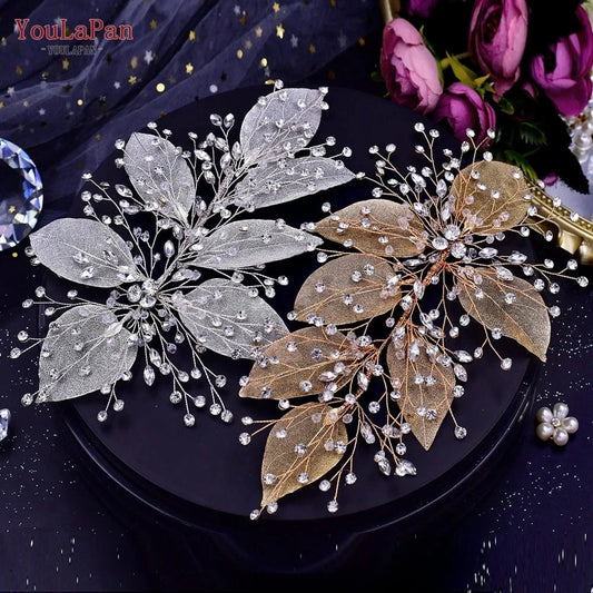 YouLaPan HP285 Elegant Rhinestone Women's Hair Accessories Faux Leaves Wedding Hair Piece Gold and Silver Bridal Headband