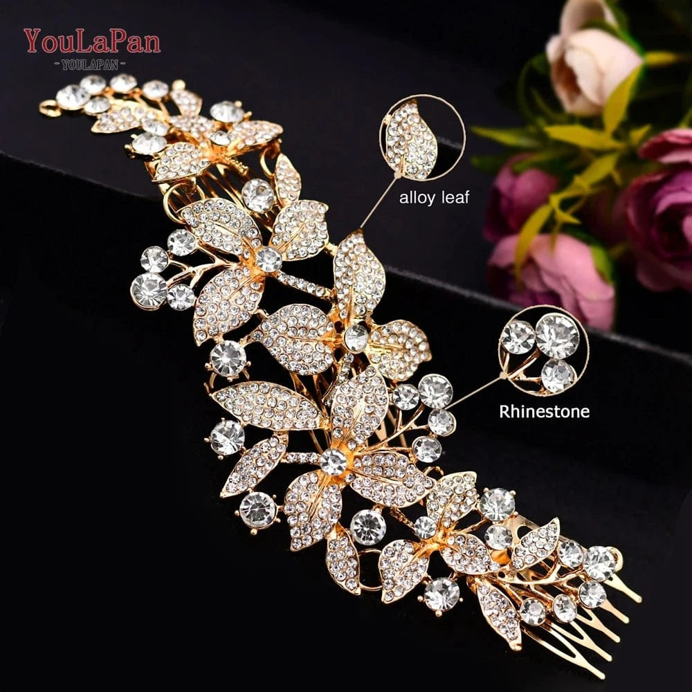 YouLaPan HP301 Multicolor Alloy Flower Hair Comb Party Hair Accessories Shiny Rhinestone Silver Gold Bridal Hairpiece