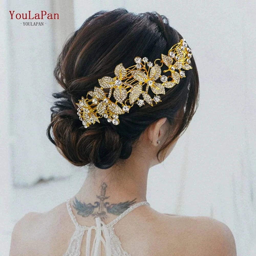 YouLaPan HP301 Multicolor Alloy Flower Hair Comb Party Hair Accessories Shiny Rhinestone Silver Gold Bridal Hairpiece