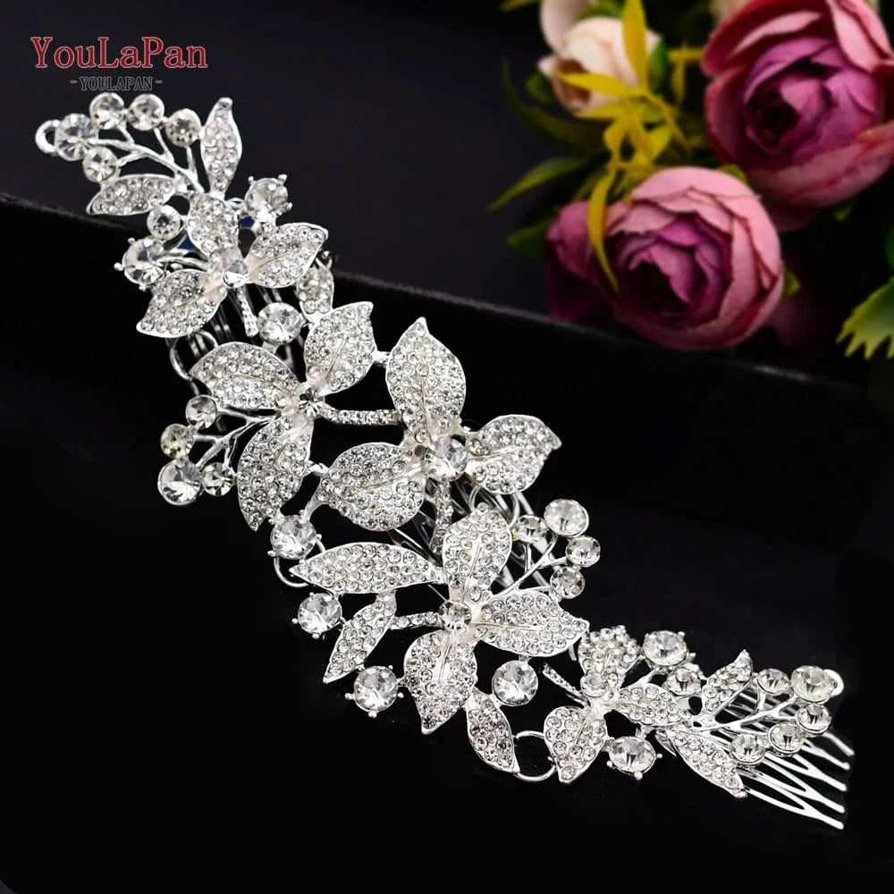 YouLaPan HP301 Multicolor Alloy Flower Hair Comb Party Hair Accessories Shiny Rhinestone Silver Gold Bridal Hairpiece