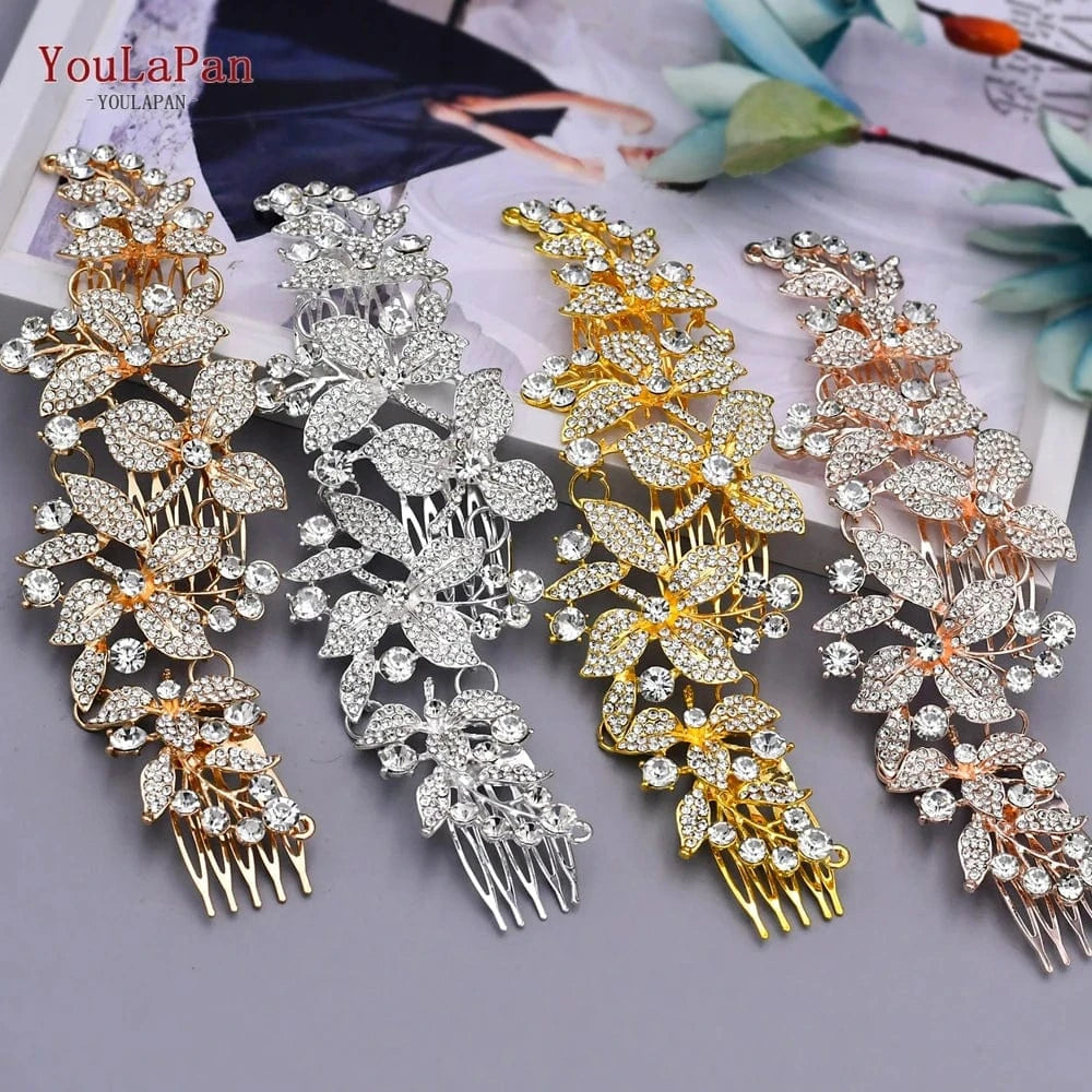 YouLaPan HP301 Multicolor Alloy Flower Hair Comb Party Hair Accessories Shiny Rhinestone Silver Gold Bridal Hairpiece