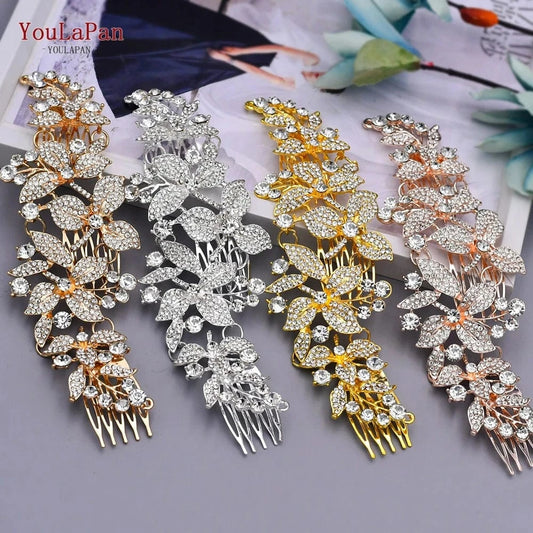 YouLaPan HP301 Multicolor Alloy Flower Hair Comb Party Hair Accessories Shiny Rhinestone Silver Gold Bridal Hairpiece