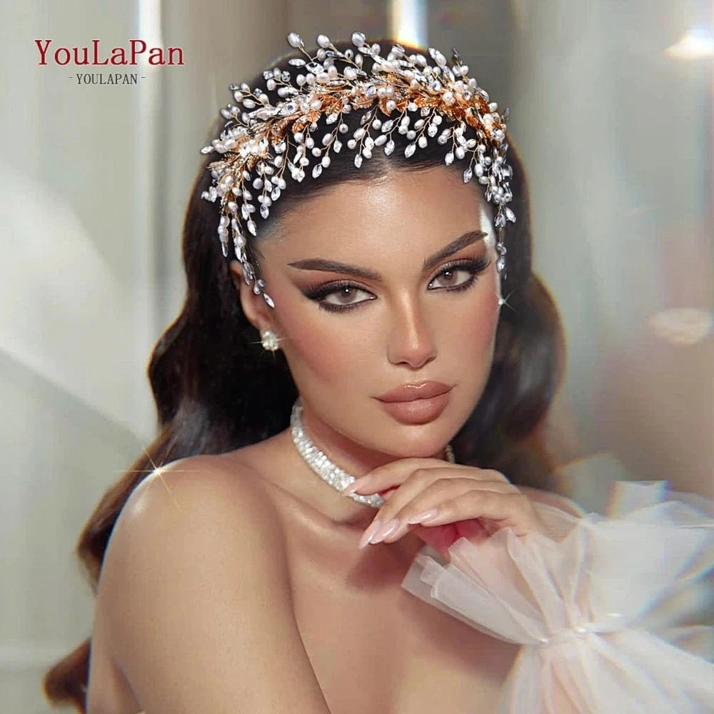 Youlapan HP322 Silver Rhinestone Headband Headpiece Wide Bridal Hair Pieces Wedding Crown Leaves Headwear Tiara Pearl for Women