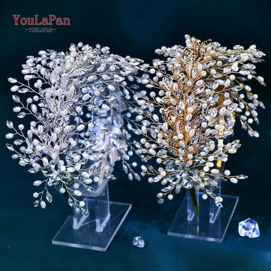 Youlapan HP322 Silver Rhinestone Headband Headpiece Wide Bridal Hair Pieces Wedding Crown Leaves Headwear Tiara Pearl for Women