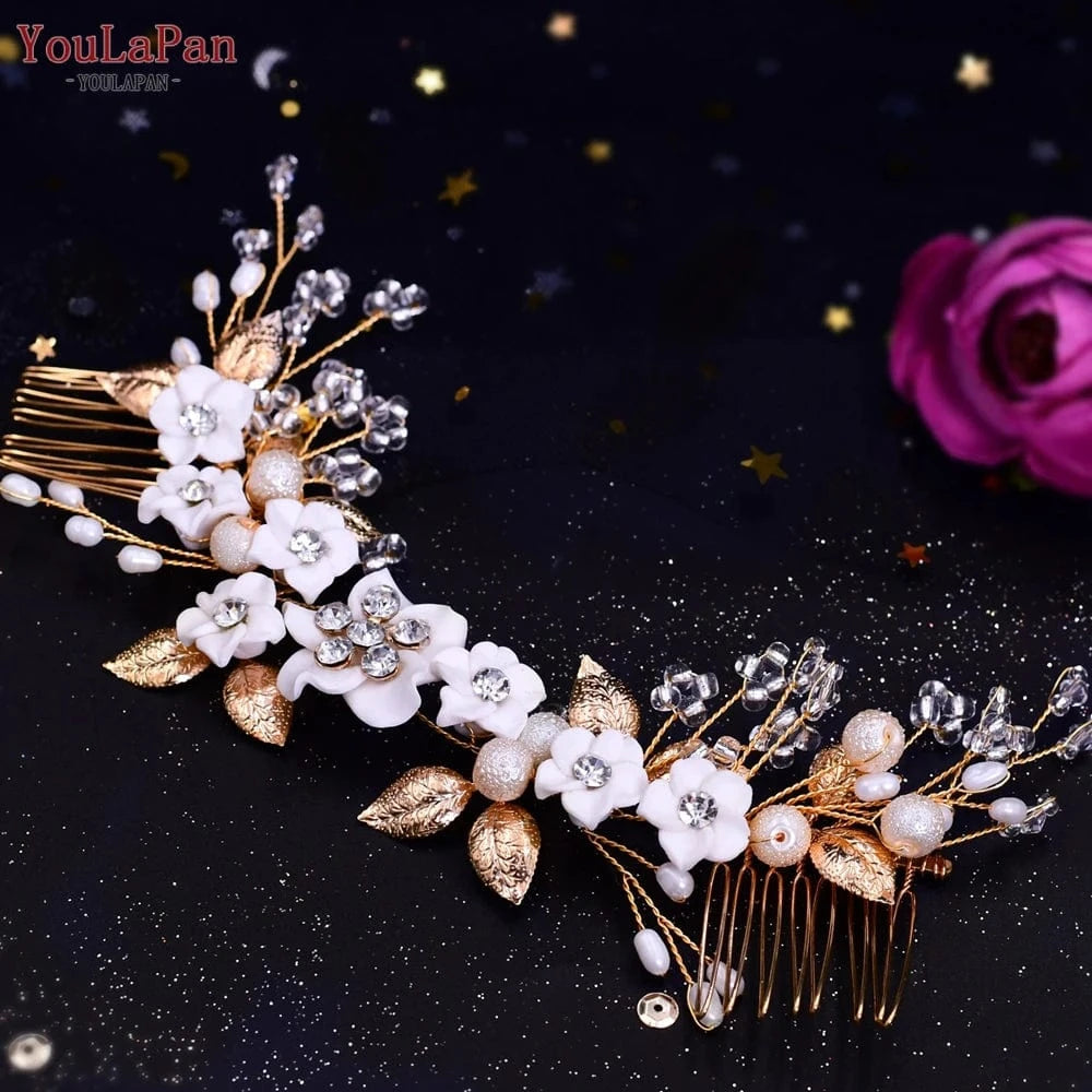 YouLaPan HP337 White Flower Hair Jewelry for Wedding Accessories , Sparking Crystal Rhinestone Bridal Hair Comb, Women Tiaras