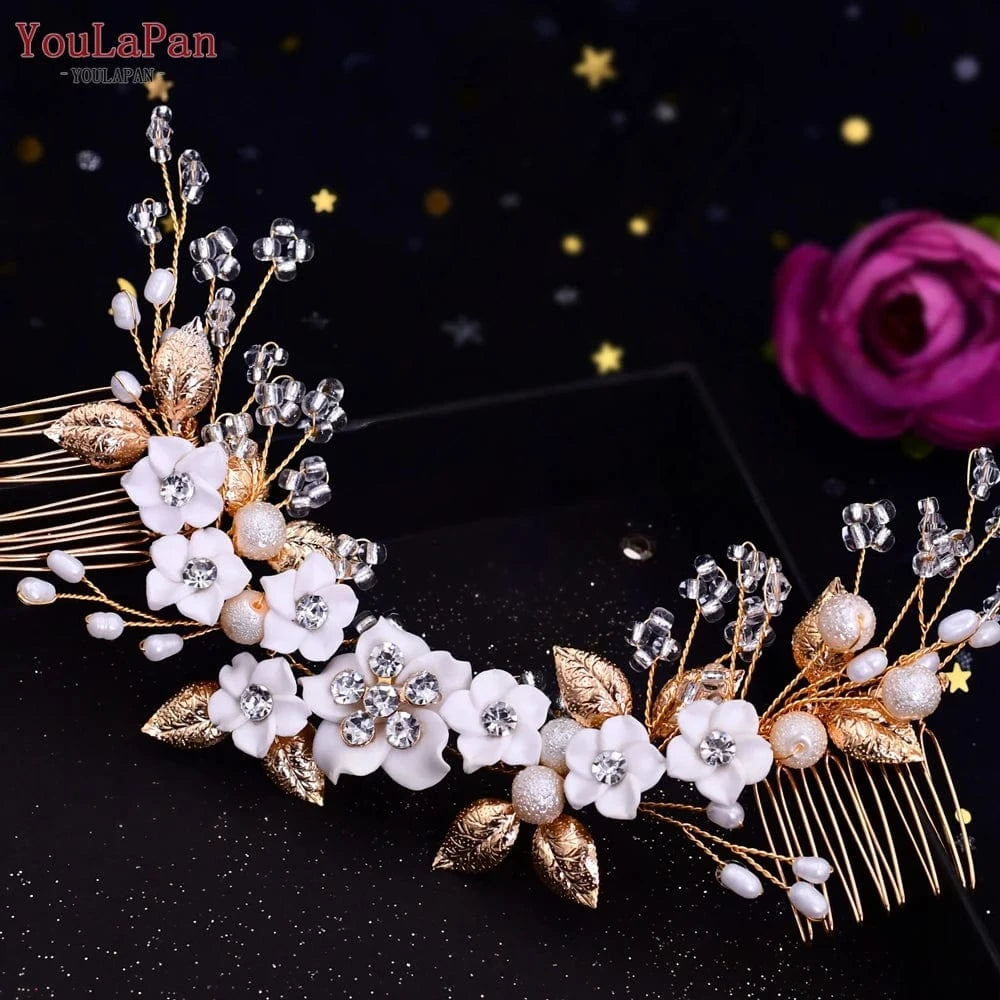 YouLaPan HP337 White Flower Hair Jewelry for Wedding Accessories , Sparking Crystal Rhinestone Bridal Hair Comb, Women Tiaras