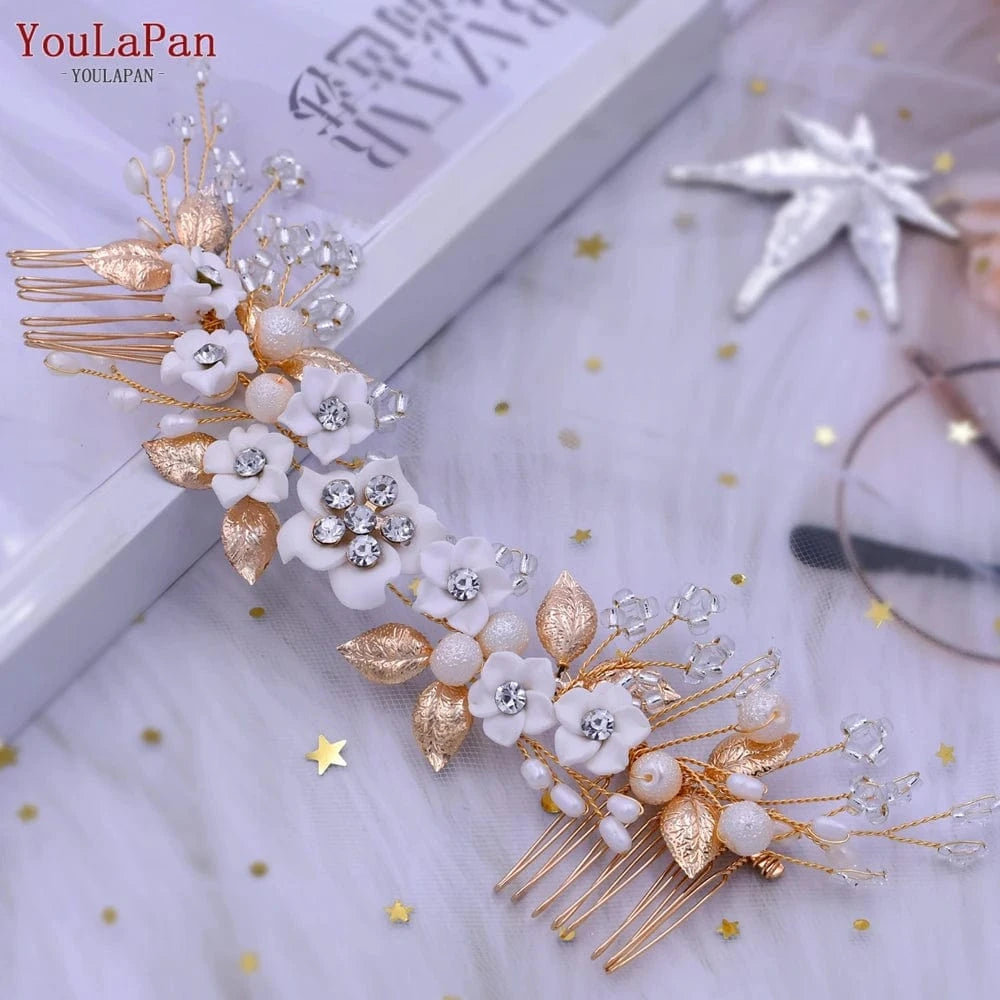YouLaPan HP337 White Flower Hair Jewelry for Wedding Accessories , Sparking Crystal Rhinestone Bridal Hair Comb, Women Tiaras