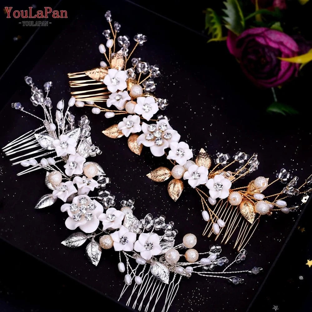 YouLaPan HP337 White Flower Hair Jewelry for Wedding Accessories , Sparking Crystal Rhinestone Bridal Hair Comb, Women Tiaras
