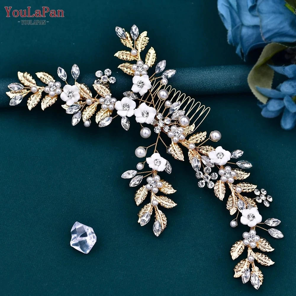 Youlapan HP368 Beautiful Bridal Hair Accessories Alloy Leaf Pearl Woman Hair Comb Gold And Silver Bridal Hair Pieces