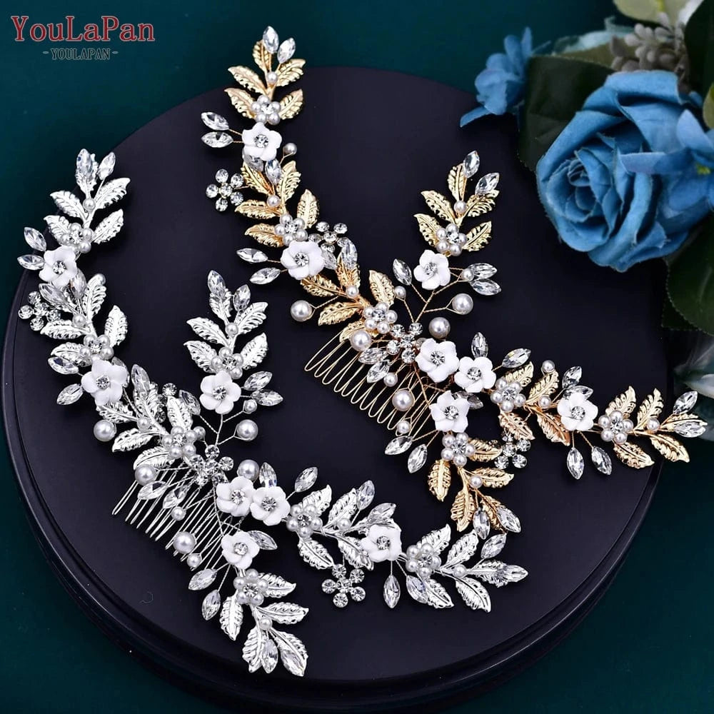 Youlapan HP368 Beautiful Bridal Hair Accessories Alloy Leaf Pearl Woman Hair Comb Gold And Silver Bridal Hair Pieces