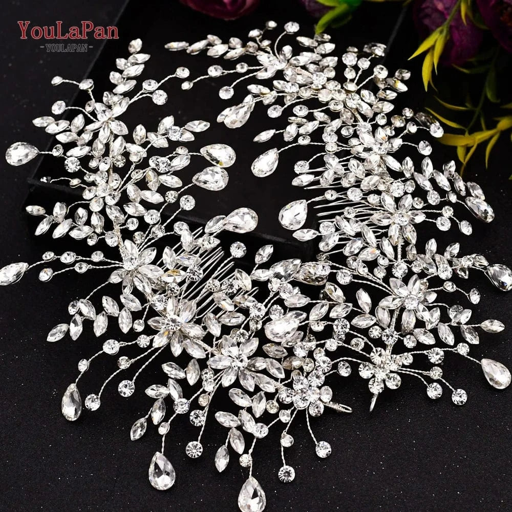 Youlapan HP379-S Pair of Handmade Rhinestone Flower Hair Combs Shiny Pageant Wedding Side Hair Accessories Bridal Hairpieces