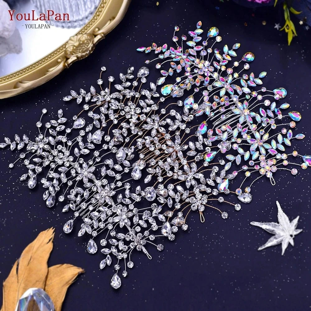 Youlapan HP379-S Pair of Handmade Rhinestone Flower Hair Combs Shiny Pageant Wedding Side Hair Accessories Bridal Hairpieces
