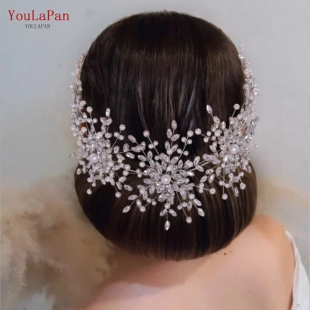 YouLaPan HP389-P Exquisite Wedding Pageant Headwear Rhinestone Pearls Flower Headband With Earings Bridal Hair Tiara