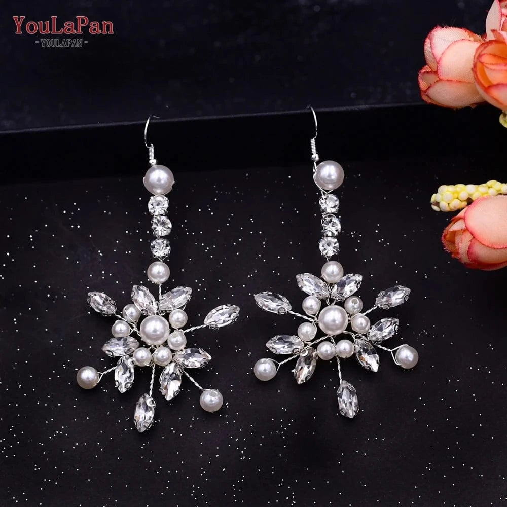 YouLaPan HP389-P Exquisite Wedding Pageant Headwear Rhinestone Pearls Flower Headband With Earings Bridal Hair Tiara