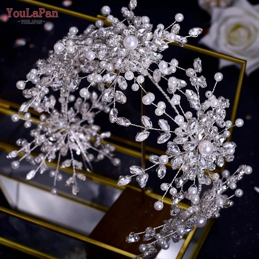 YouLaPan HP389-P Exquisite Wedding Pageant Headwear Rhinestone Pearls Flower Headband With Earings Bridal Hair Tiara