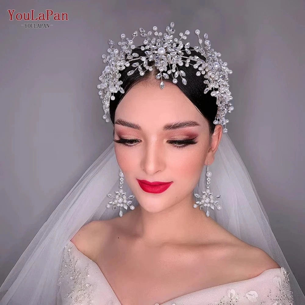 YouLaPan HP389-P Exquisite Wedding Pageant Headwear Rhinestone Pearls Flower Headband With Earings Bridal Hair Tiara