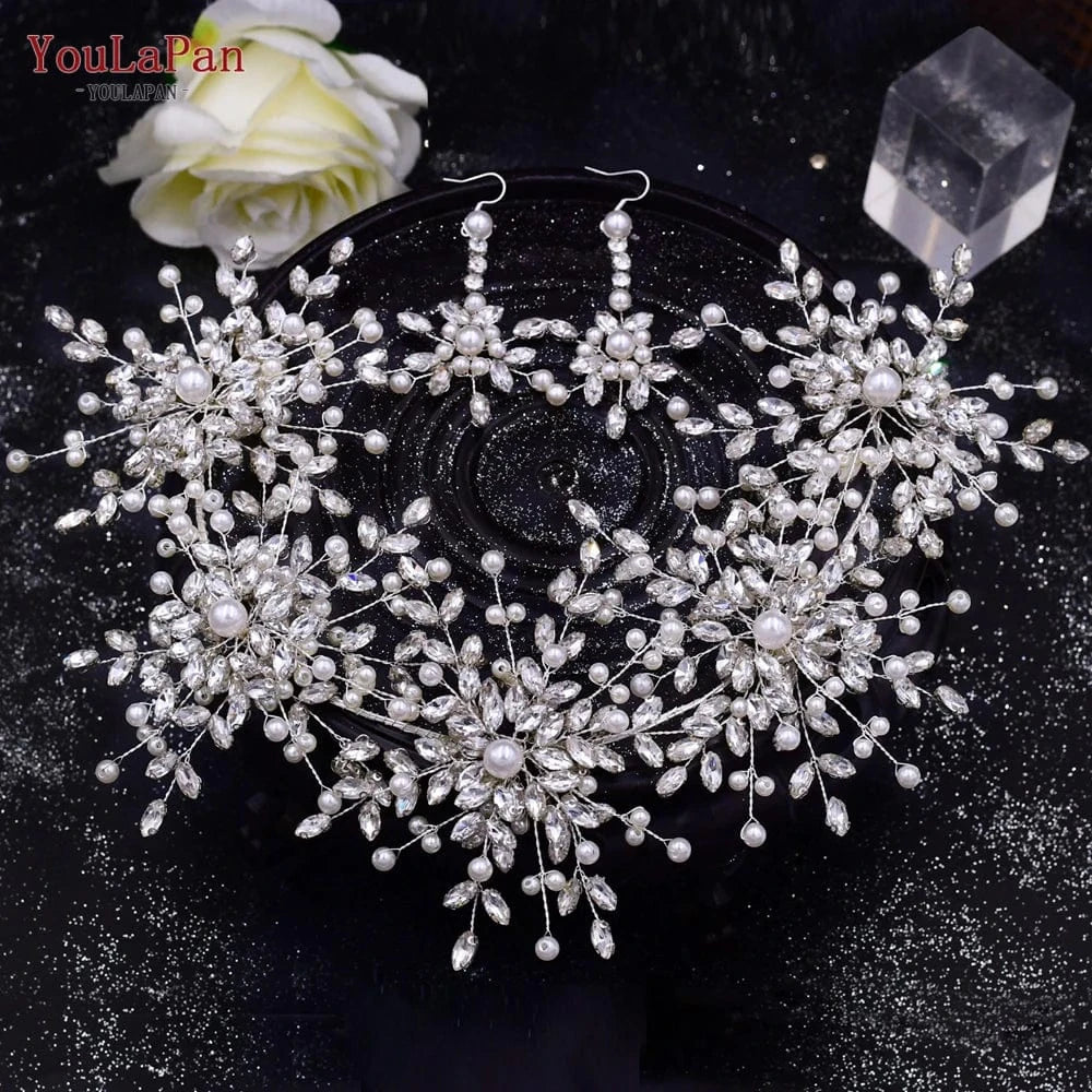 YouLaPan HP389-P Exquisite Wedding Pageant Headwear Rhinestone Pearls Flower Headband With Earings Bridal Hair Tiara