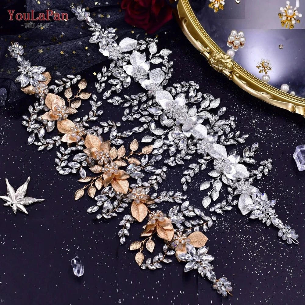 Youlapan HP391 Boutique Woman Hair Bands Shiny Rhinestone Alloy Leaf Bridal Hair Accessories Wedding Party Large Hair Piece