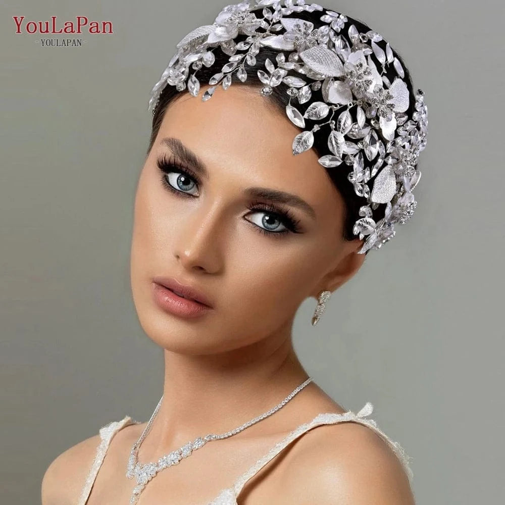 Youlapan HP391 Boutique Woman Hair Bands Shiny Rhinestone Alloy Leaf Bridal Hair Accessories Wedding Party Large Hair Piece