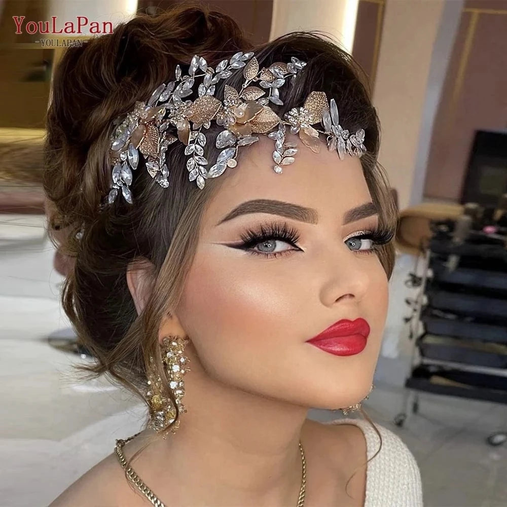 Youlapan HP391 Boutique Woman Hair Bands Shiny Rhinestone Alloy Leaf Bridal Hair Accessories Wedding Party Large Hair Piece