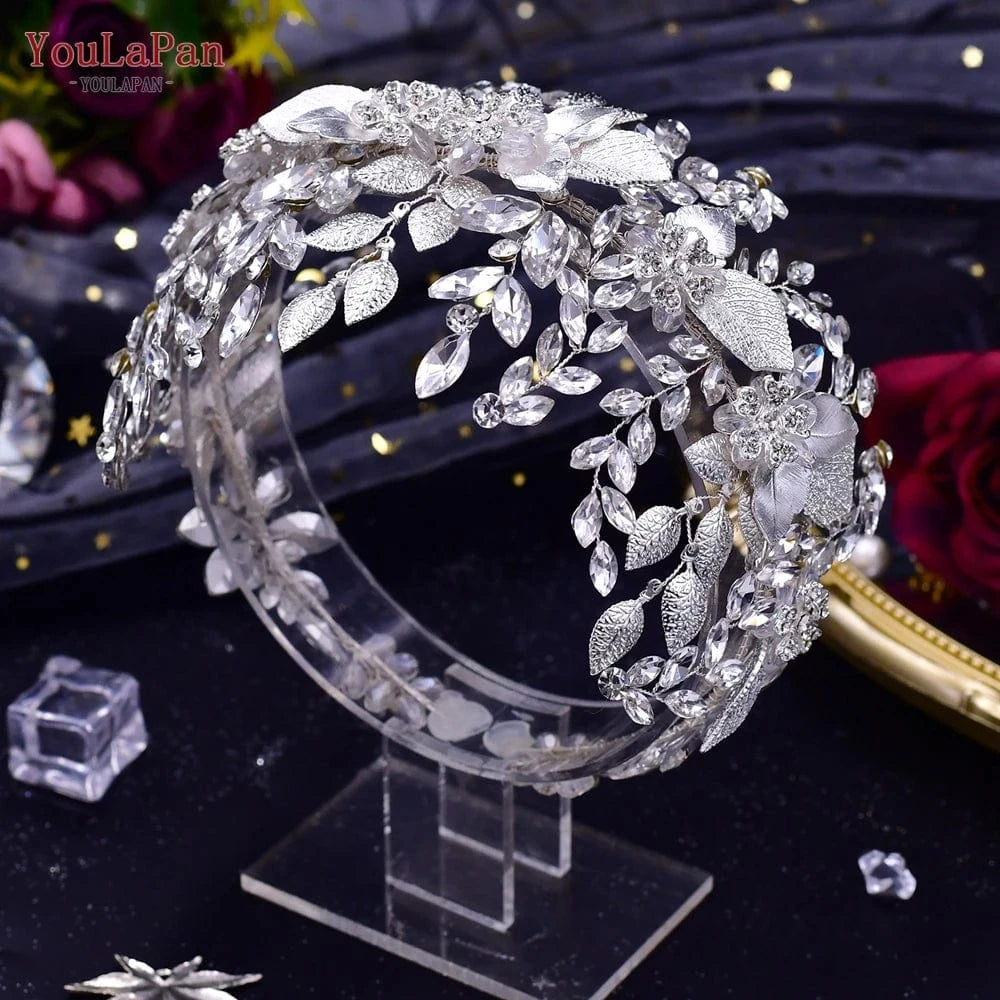 Youlapan HP391 Boutique Woman Hair Bands Shiny Rhinestone Alloy Leaf Bridal Hair Accessories Wedding Party Large Hair Piece