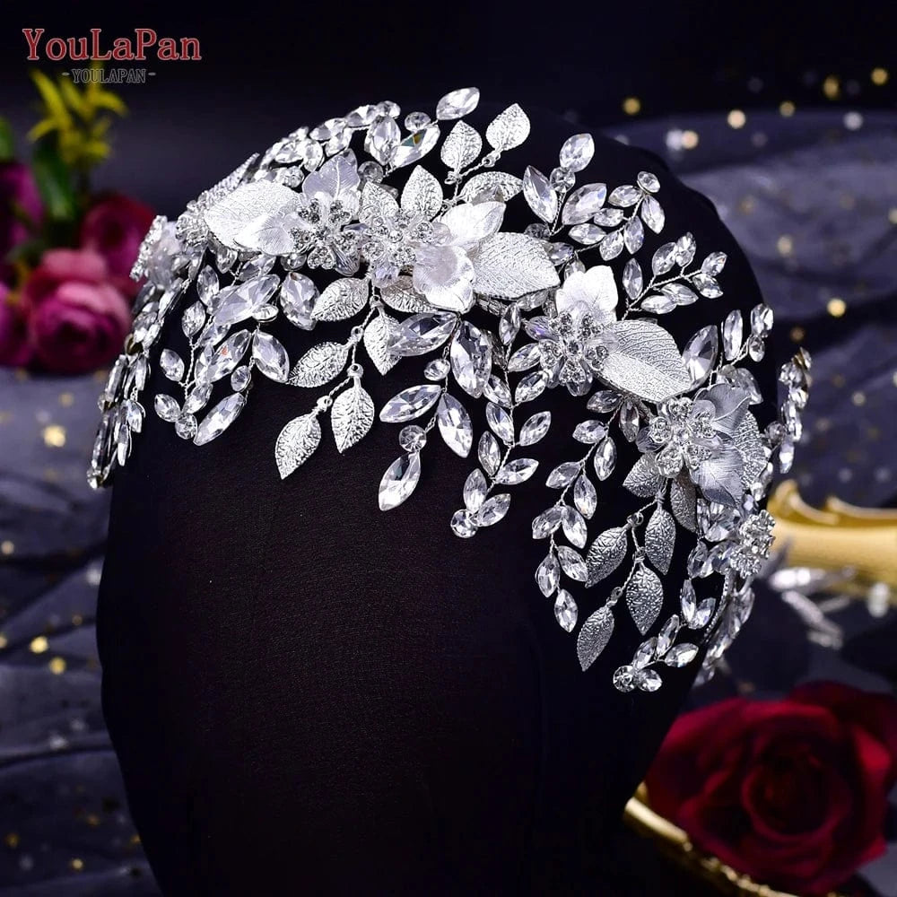 Youlapan HP391 Boutique Woman Hair Bands Shiny Rhinestone Alloy Leaf Bridal Hair Accessories Wedding Party Large Hair Piece