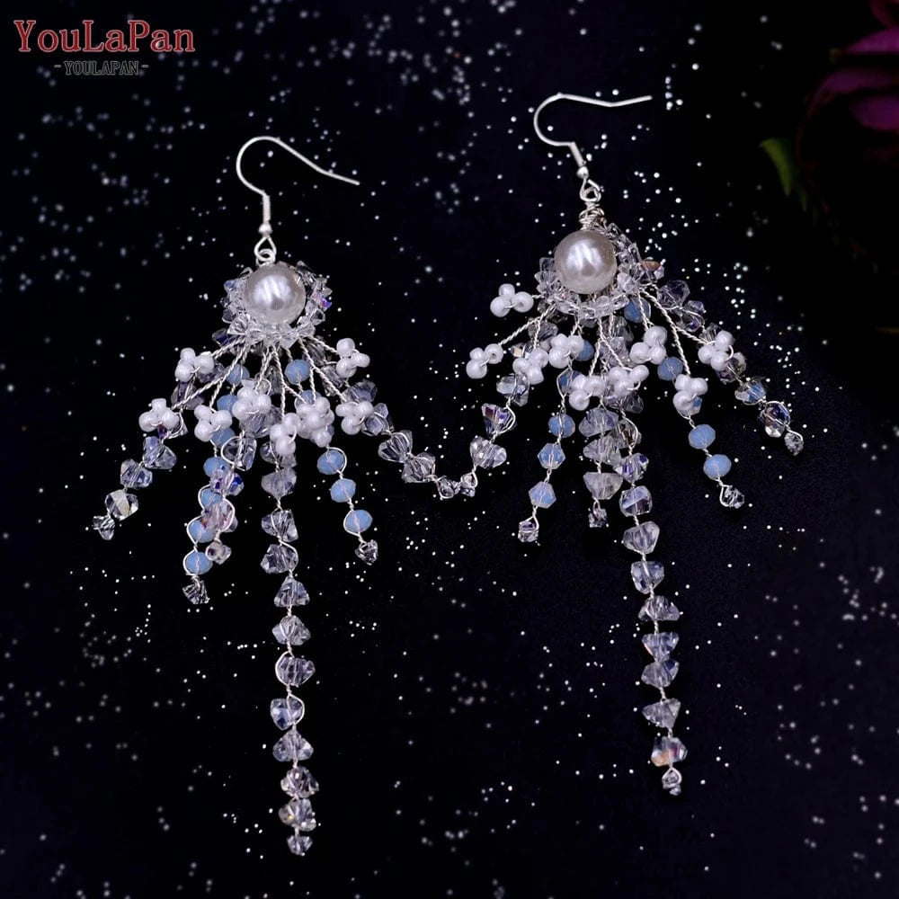 Youlapan HP399 Luxurious Handmade Hair Accessories Full Crystal Beads Large Crown Earrings Set Wedding Pageant Bridal Headbands