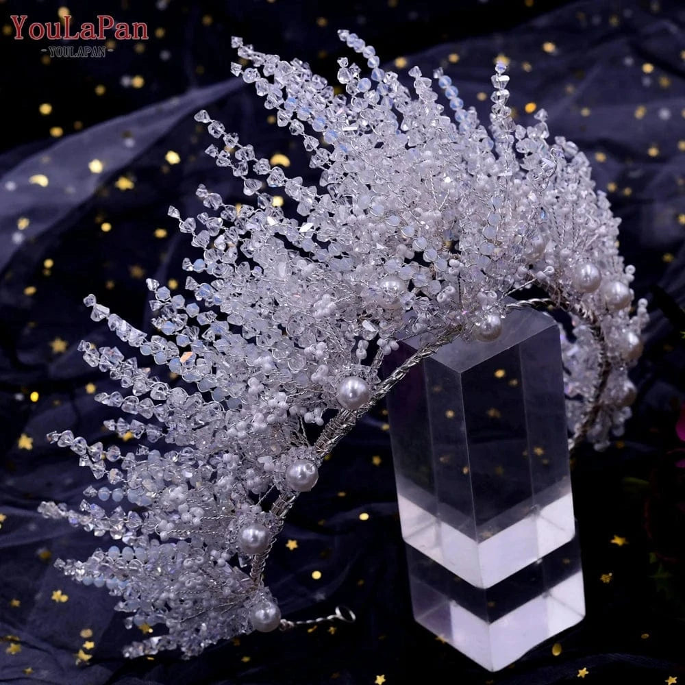 Youlapan HP399 Luxurious Handmade Hair Accessories Full Crystal Beads Large Crown Earrings Set Wedding Pageant Bridal Headbands