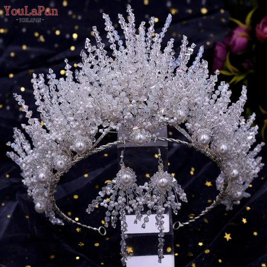 Youlapan HP399 Luxurious Handmade Hair Accessories Full Crystal Beads Large Crown Earrings Set Wedding Pageant Bridal Headbands