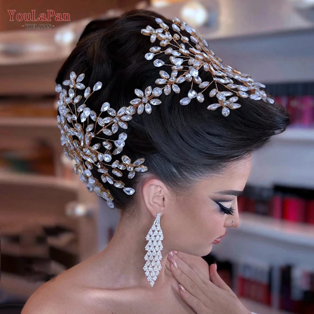 Youlapan HP414-G European American Popular Luxury Hair Accessories Golden Rhinestones Headband Wedding Bridal Tiara Hair Piece