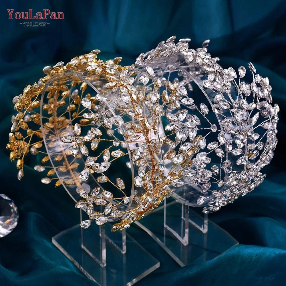 Youlapan HP414-G European American Popular Luxury Hair Accessories Golden Rhinestones Headband Wedding Bridal Tiara Hair Piece
