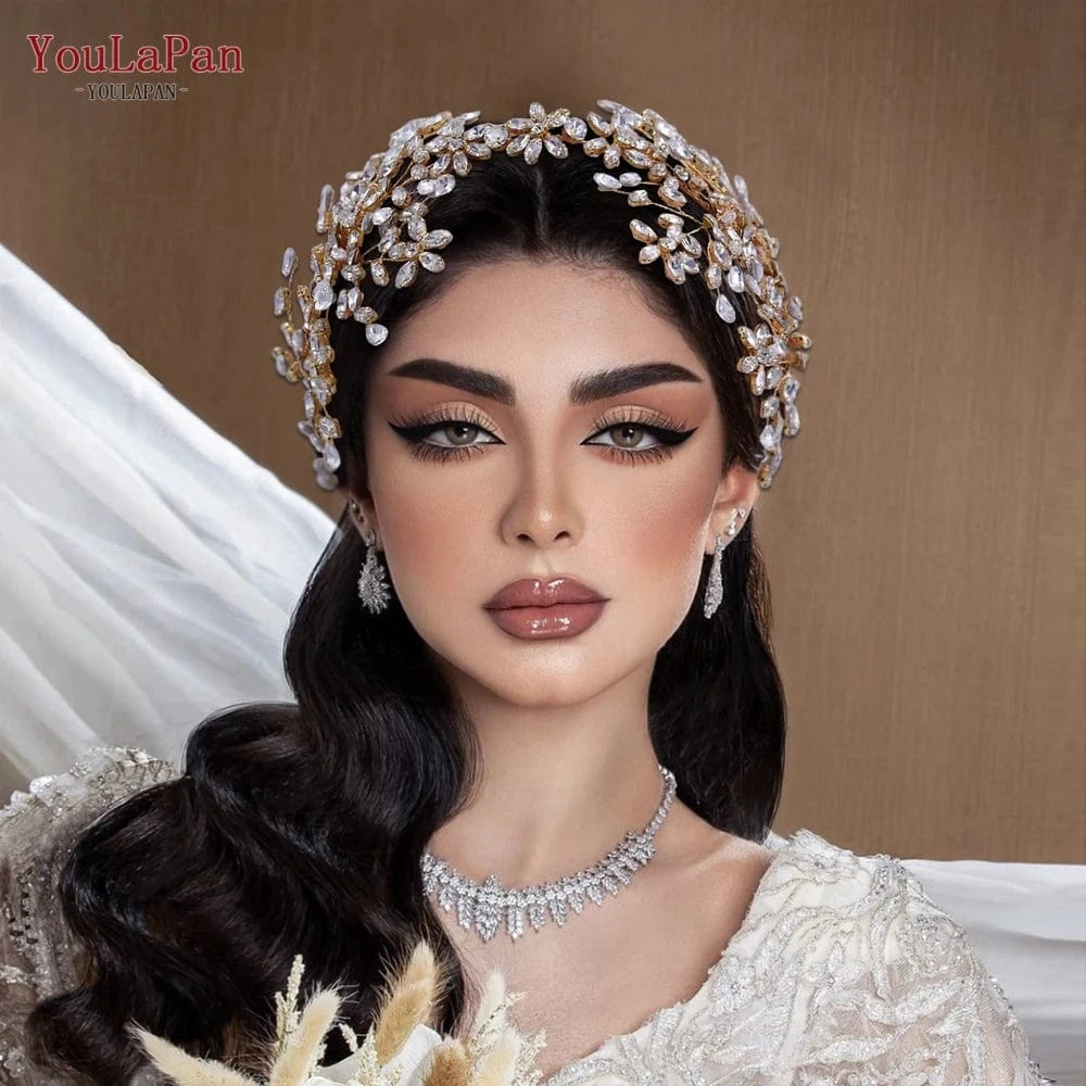 Youlapan HP414-G European American Popular Luxury Hair Accessories Golden Rhinestones Headband Wedding Bridal Tiara Hair Piece