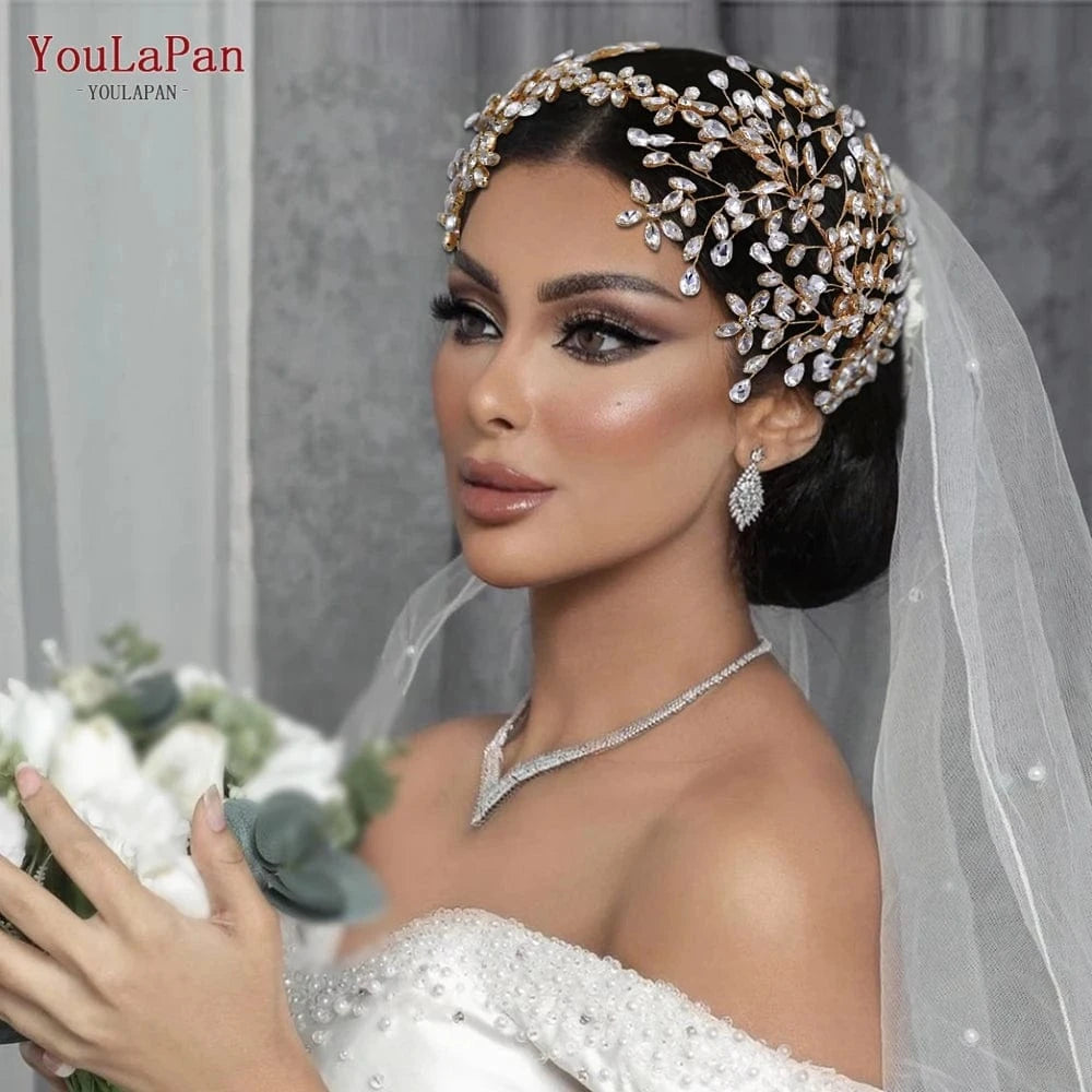 Youlapan HP414-G European American Popular Luxury Hair Accessories Golden Rhinestones Headband Wedding Bridal Tiara Hair Piece