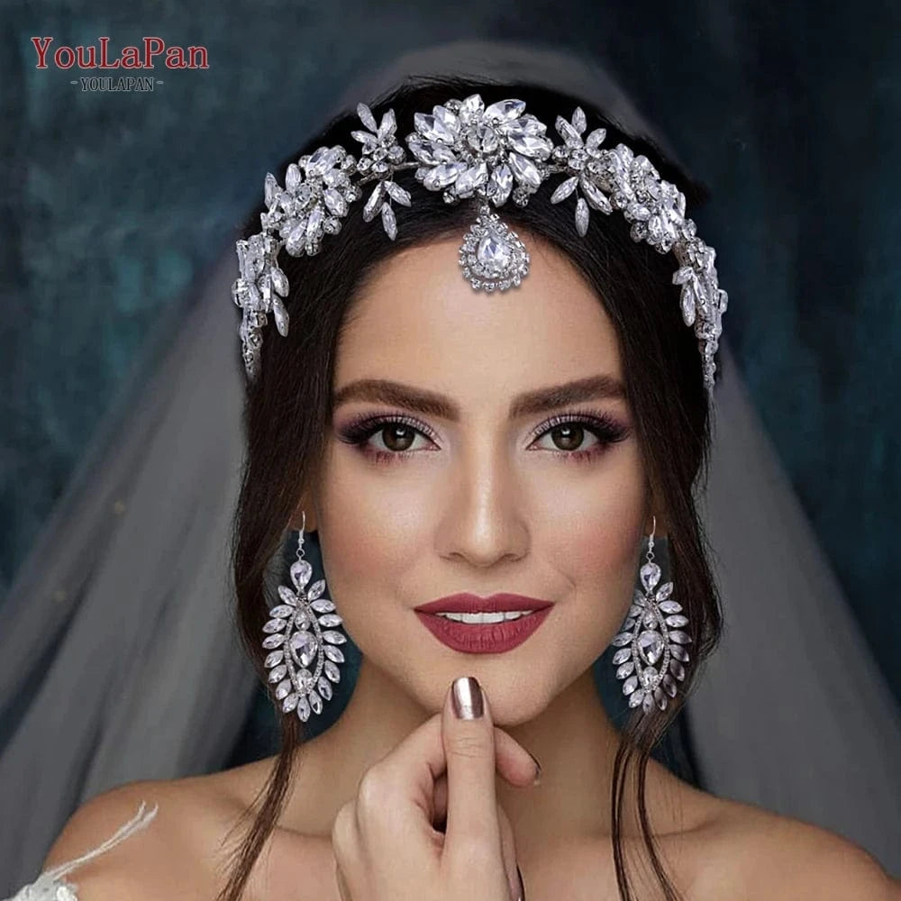 YouLaPan HP440 Flower Shape Rhinestone Head Chain Bridal Forehead with Tiara Wedding Headdress Boho Bridal Tiara Jewelry