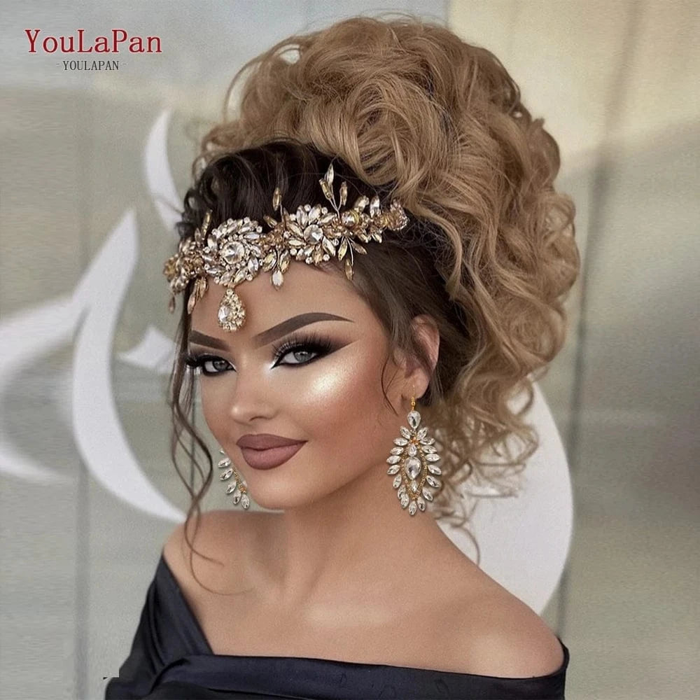 YouLaPan HP440 Flower Shape Rhinestone Head Chain Bridal Forehead with Tiara Wedding Headdress Boho Bridal Tiara Jewelry