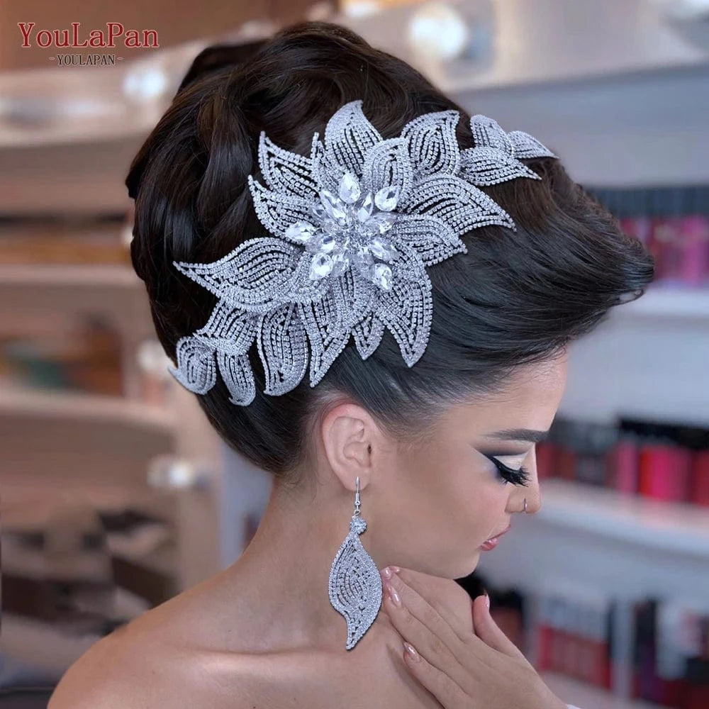 YouLaPan HP455 Shiny Women Party Pageant Headpiece Silver Rhinestone Wedding Accessories Alloy Leaves Bridal Tiara