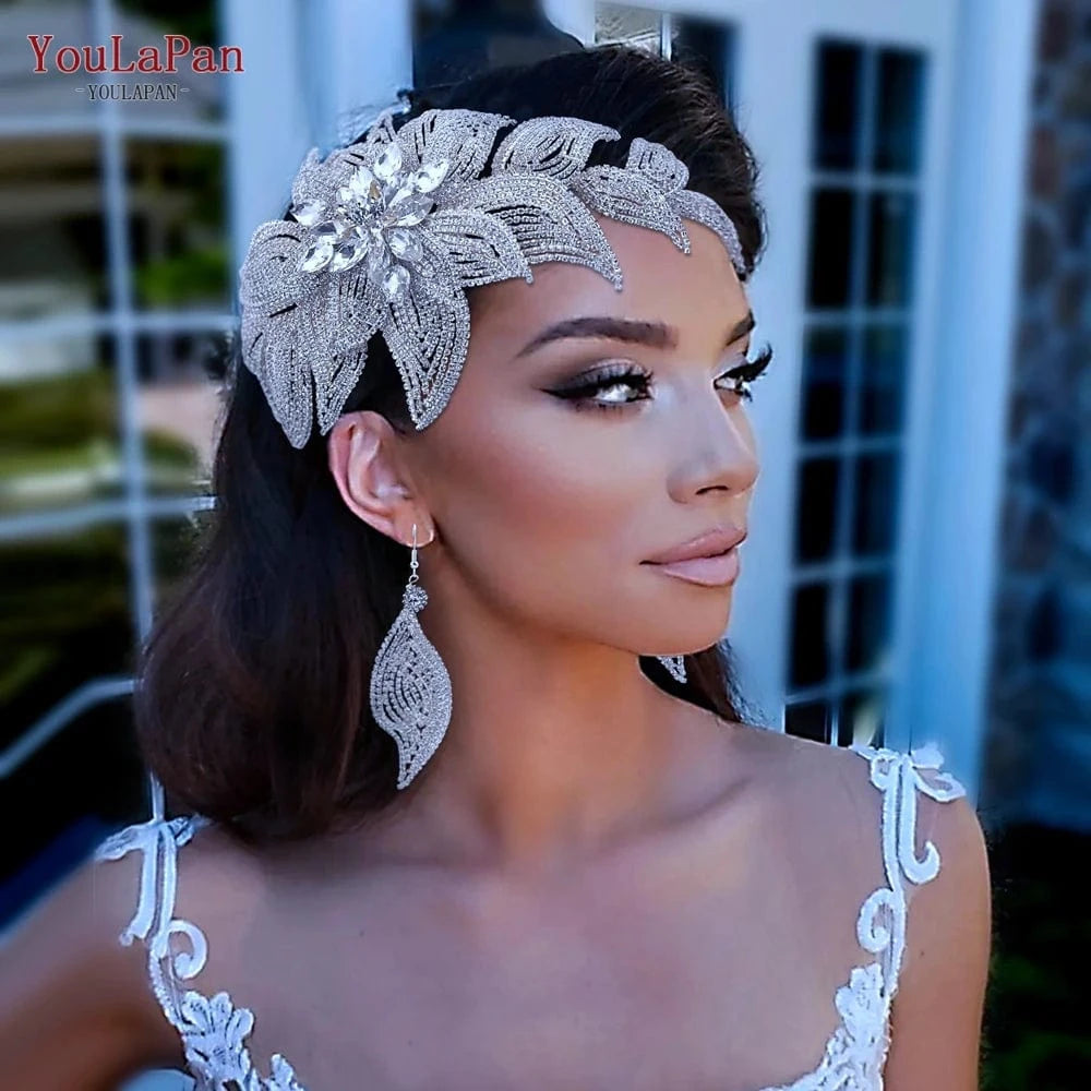 YouLaPan HP455 Shiny Women Party Pageant Headpiece Silver Rhinestone Wedding Accessories Alloy Leaves Bridal Tiara