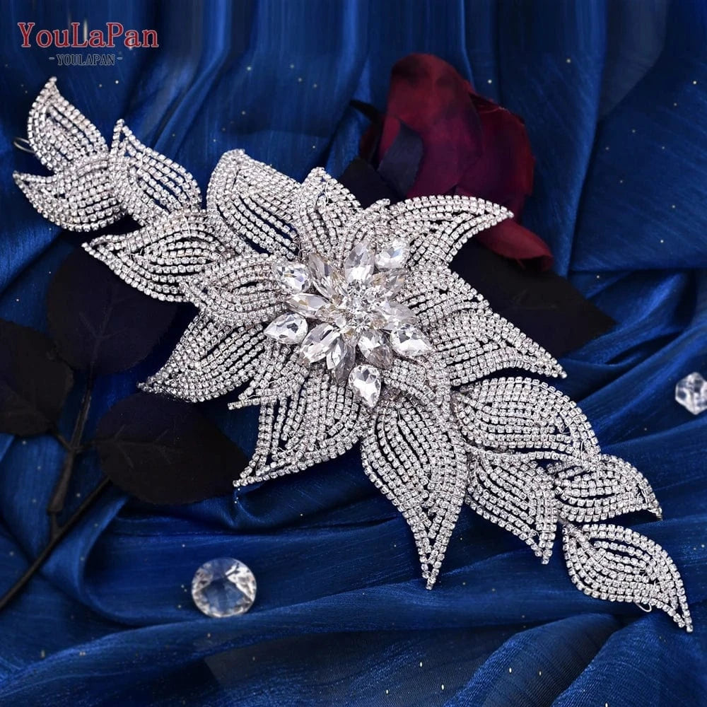 YouLaPan HP455 Shiny Women Party Pageant Headpiece Silver Rhinestone Wedding Accessories Alloy Leaves Bridal Tiara