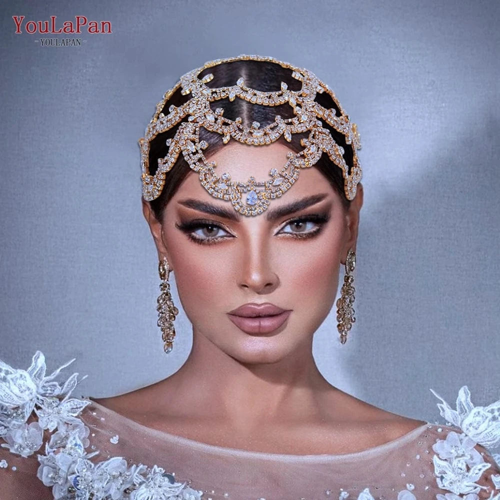 Youlapan HP480 Pop Boho Hair Chain Gold Silver Rhinestone Mesh Hat Forehead Beauty Pageant Wedding Hair Accessories
