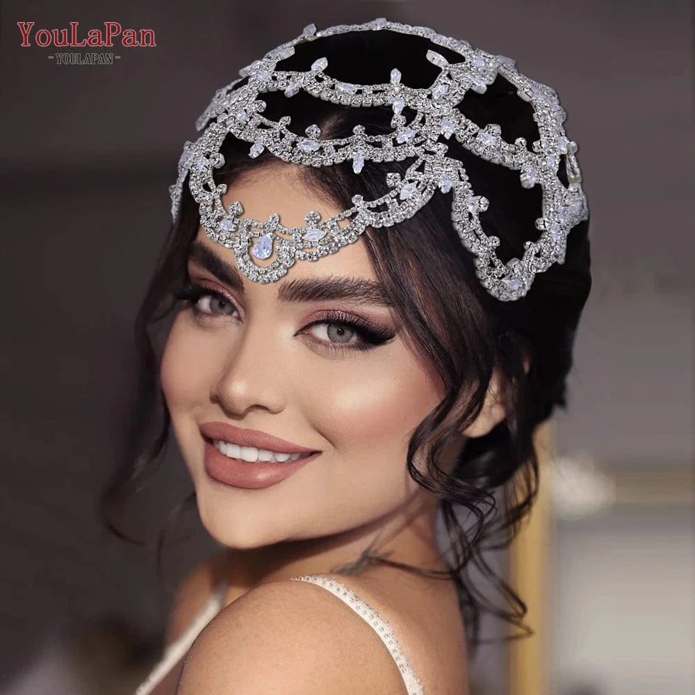 Youlapan HP480 Pop Boho Hair Chain Gold Silver Rhinestone Mesh Hat Forehead Beauty Pageant Wedding Hair Accessories