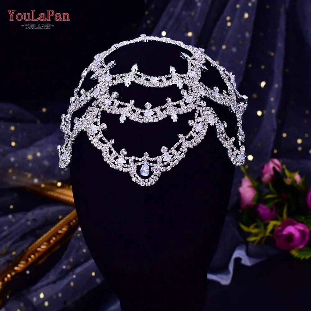 Youlapan HP480 Pop Boho Hair Chain Gold Silver Rhinestone Mesh Hat Forehead Beauty Pageant Wedding Hair Accessories