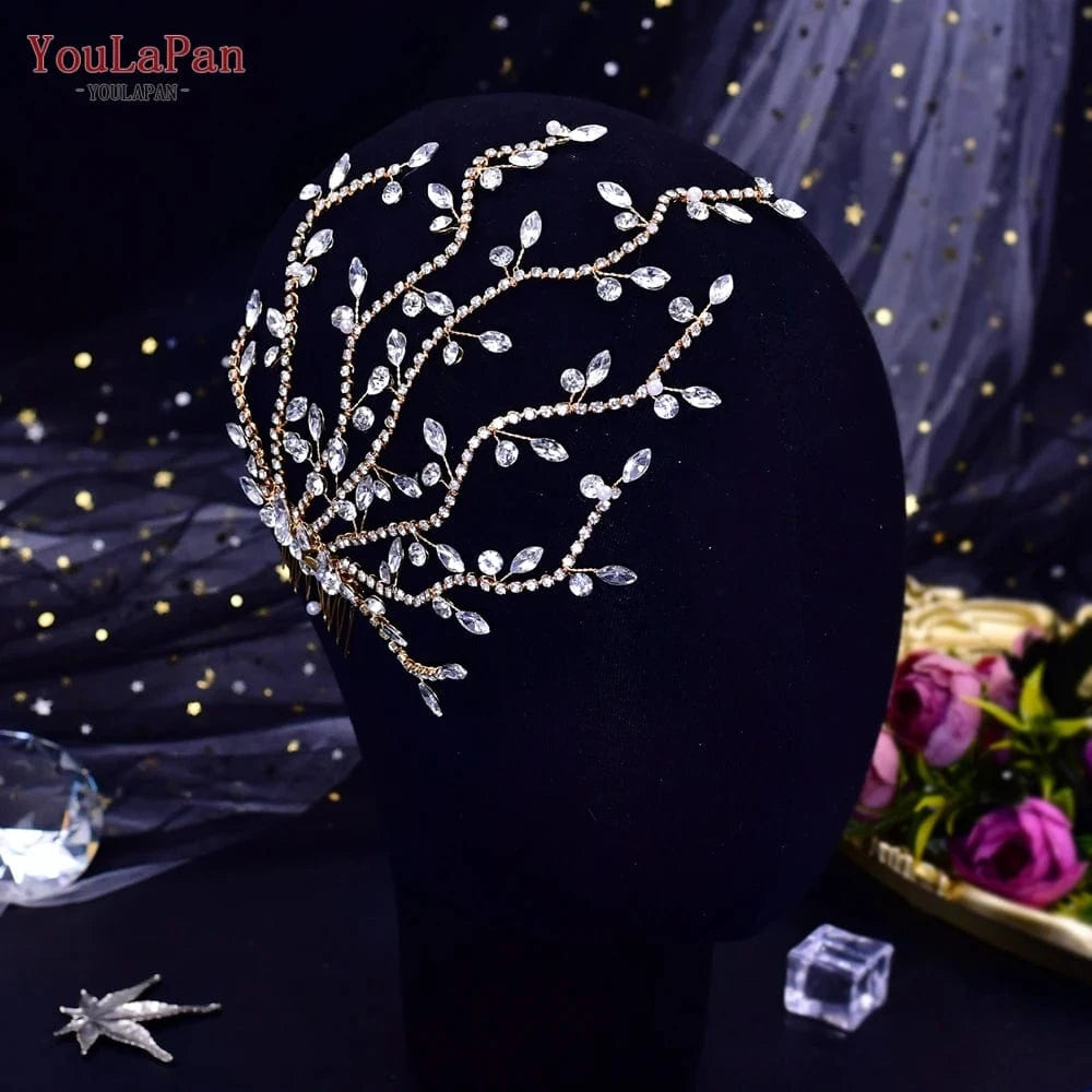 YouLaPan HP481 Pretty Woman Long Tentator Hair Comb Gold Silver Rhinestone Hair Pieces Bridal Wedding Plate Hair Accessories