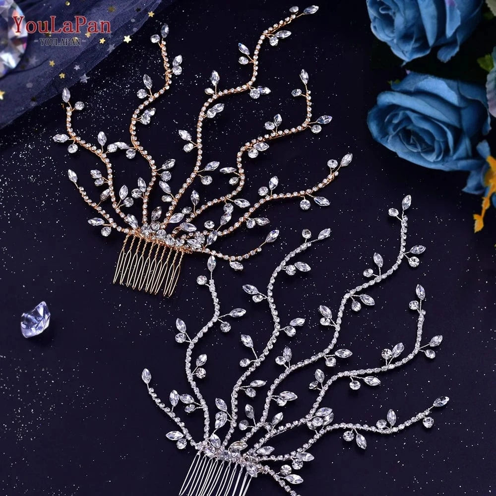 YouLaPan HP481 Pretty Woman Long Tentator Hair Comb Gold Silver Rhinestone Hair Pieces Bridal Wedding Plate Hair Accessories