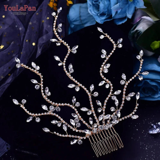 YouLaPan HP481 Pretty Woman Long Tentator Hair Comb Gold Silver Rhinestone Hair Pieces Bridal Wedding Plate Hair Accessories