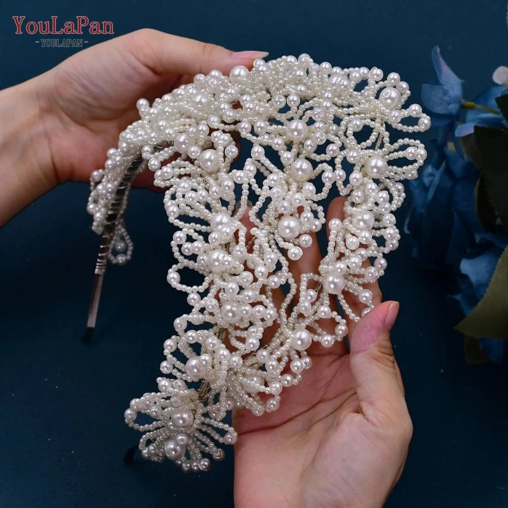 YouLaPan HP487 Elegant Queen's Crown Hand Beaded Beauty Pageant Headpiece Pearl Earrings Bridal Tiara Wedding Crown