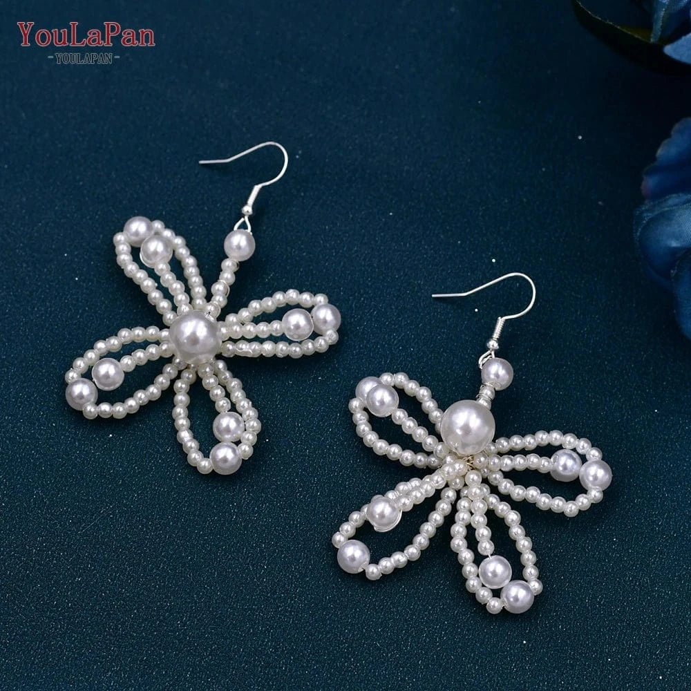 YouLaPan HP487 Elegant Queen's Crown Hand Beaded Beauty Pageant Headpiece Pearl Earrings Bridal Tiara Wedding Crown