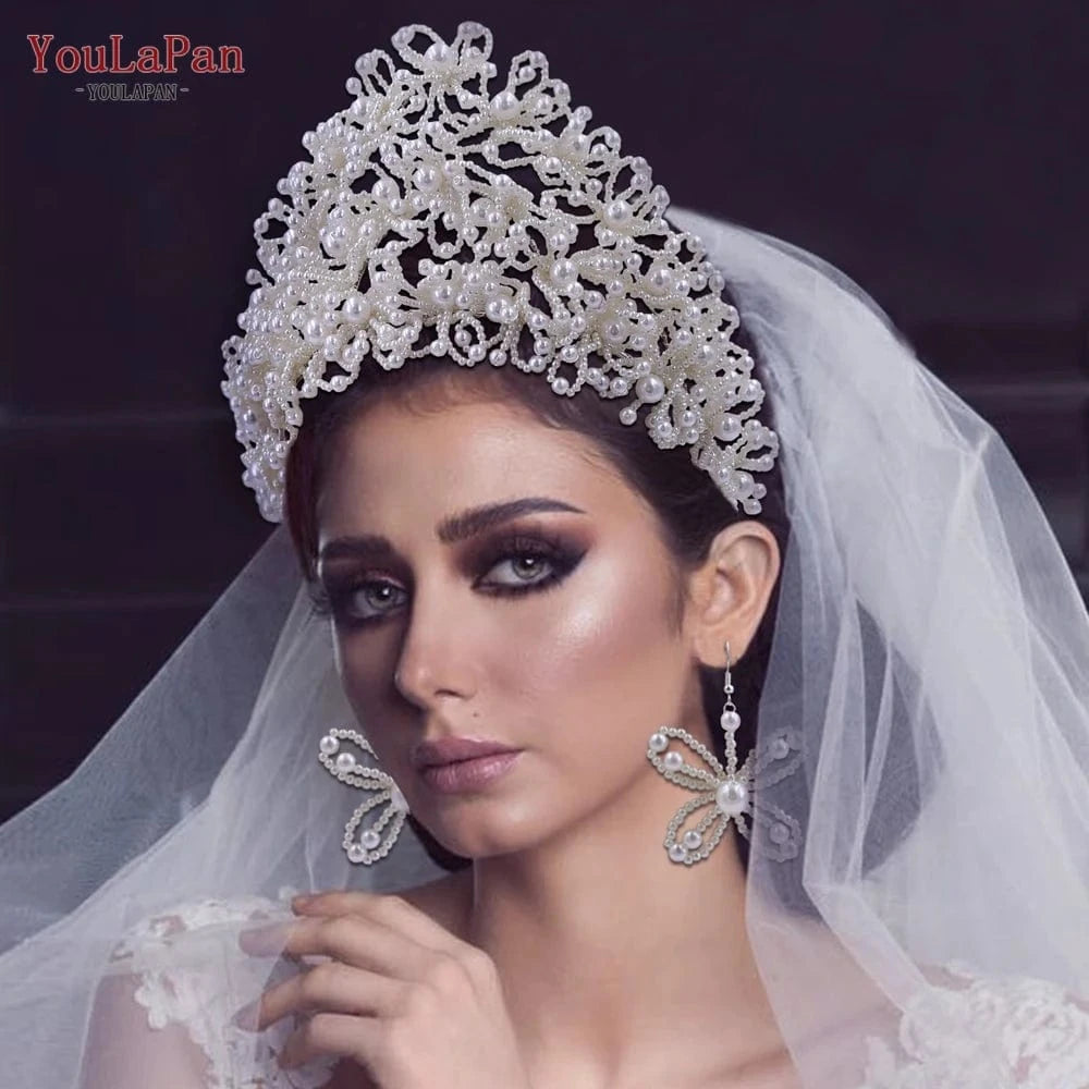 YouLaPan HP487 Elegant Queen's Crown Hand Beaded Beauty Pageant Headpiece Pearl Earrings Bridal Tiara Wedding Crown